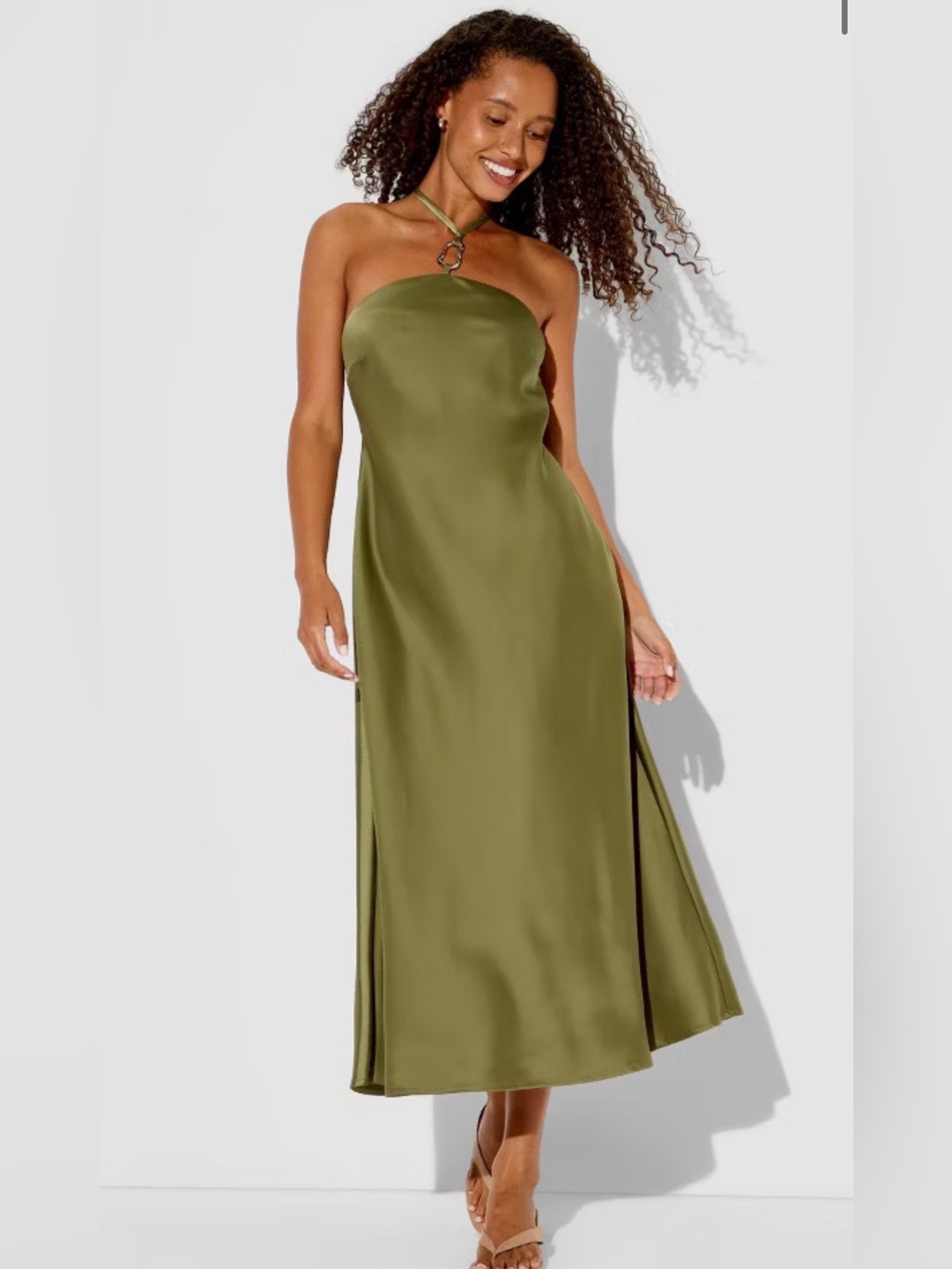 Wild Fable Olive Halter Slip Midi Dress With Ring Detail